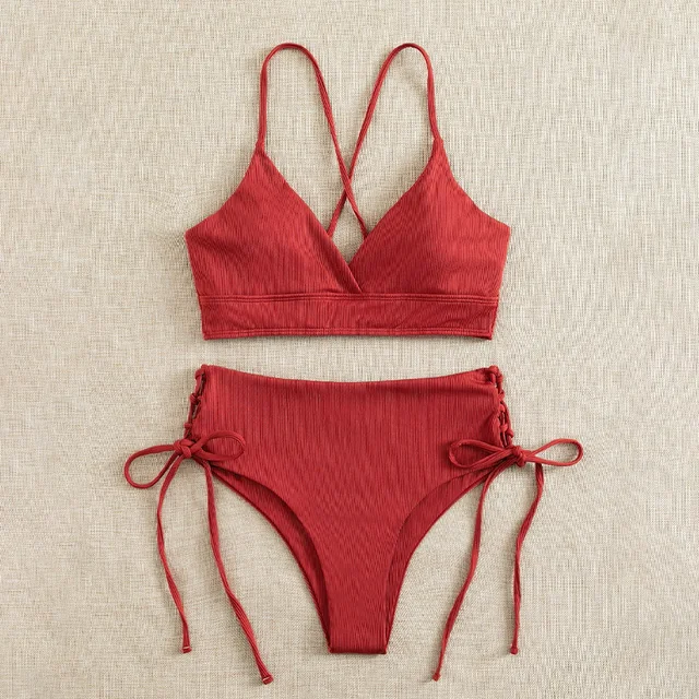 Cikini-ensemble bikini fendu à col en V pour femme, maillot de bain sexy, à lacets, bikini triangulaire, couleur unie, maillot de plage, maillot de bain