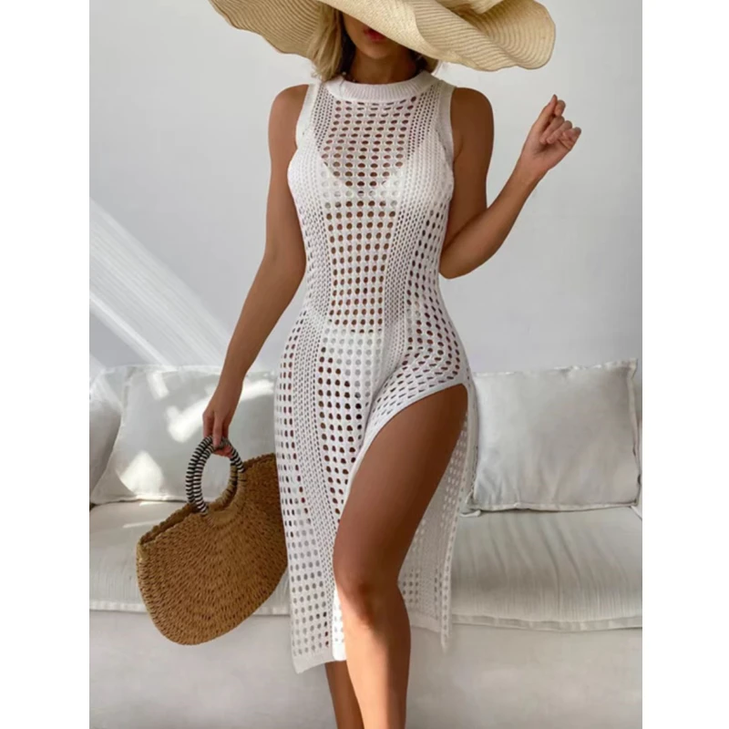 Abrini femmes évider Crochet couvrir maillots de bain sans manches robe de Bikini Smock fendu Sexy plage tricots solide maillot de bain