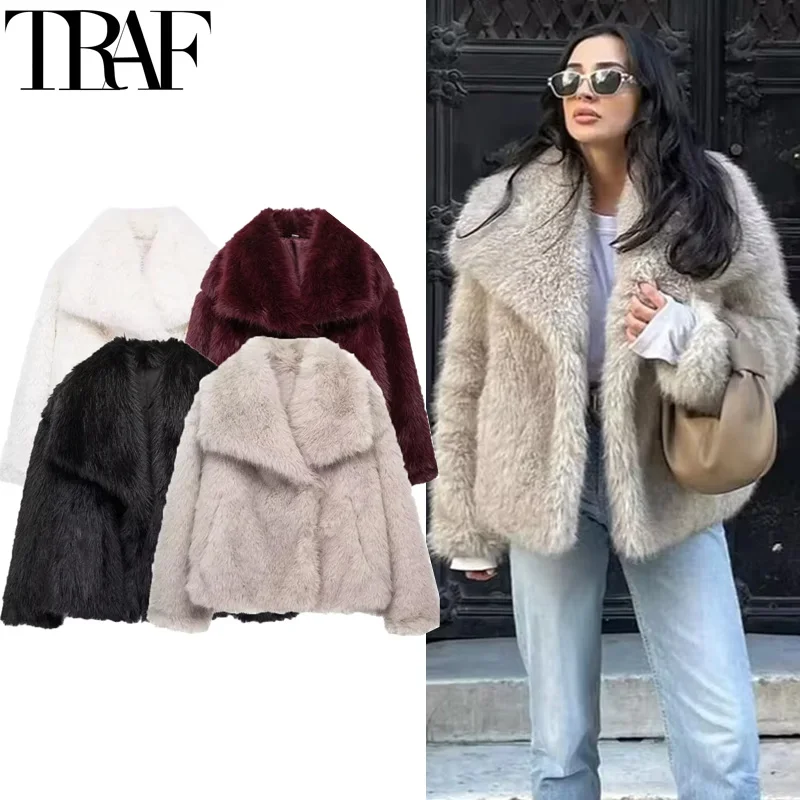 TRAF 2024 femme automne hiver fausse fourrure manteau en peluche moelleux femmes veste nouveau dans les vêtements d'extérieur blanc rouge gris noir laine mélanges manteaux