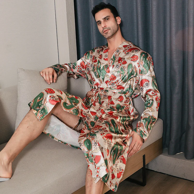 Pajama men's spring and autumn silk thin style oversized pajamas long sleeved bathrobes ice silk bathrobes home clothing summer
