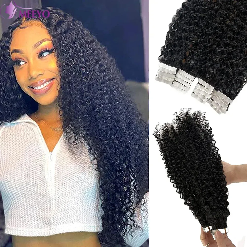 Tape In Hair Extensions Human Hair Deep Wave Invisible Brazilian Curly Tape In Extensions Human Hair Natural Black 20Pcs/Set 50G