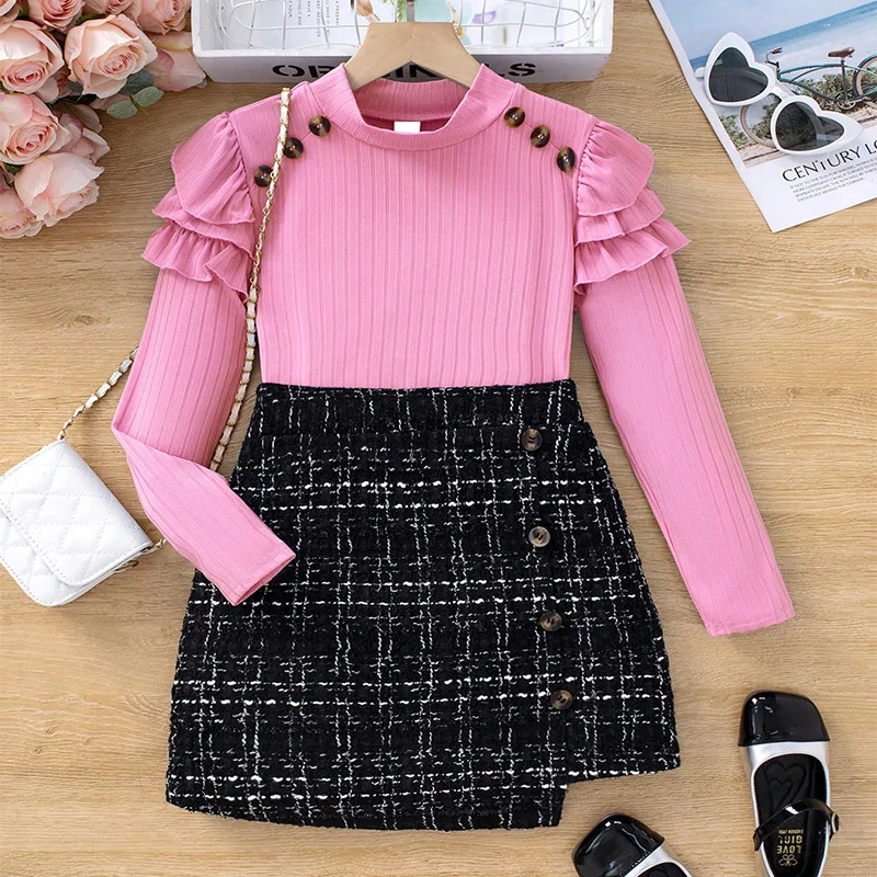 Jupe à col rond à manches longues pour filles, jolie décoration de boutons, moelleux, robe de soirée princesse, automne, hiver, ensemble de 2 pièces