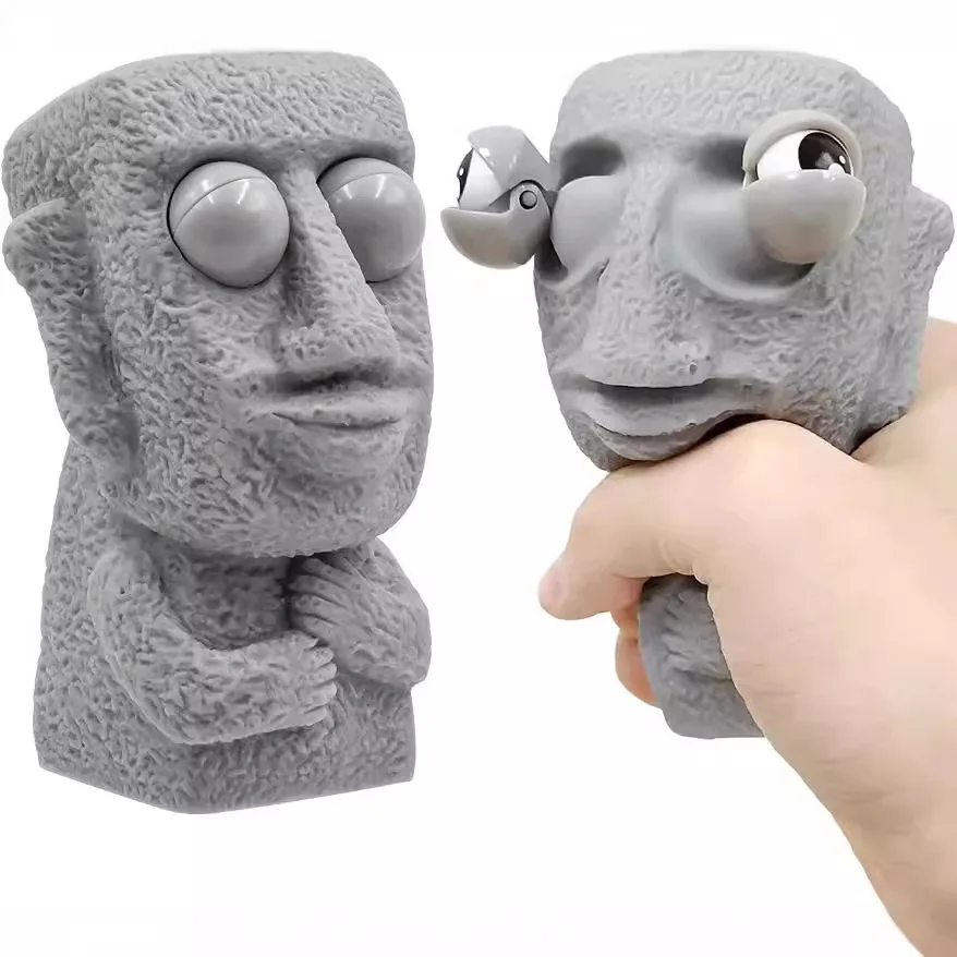 Statue Moai douce Stone Man pour enfants, libère un jouet anti-stress, rebondit lentement, yeux pressés, expression intéressée, relaxe le stress, cadeau