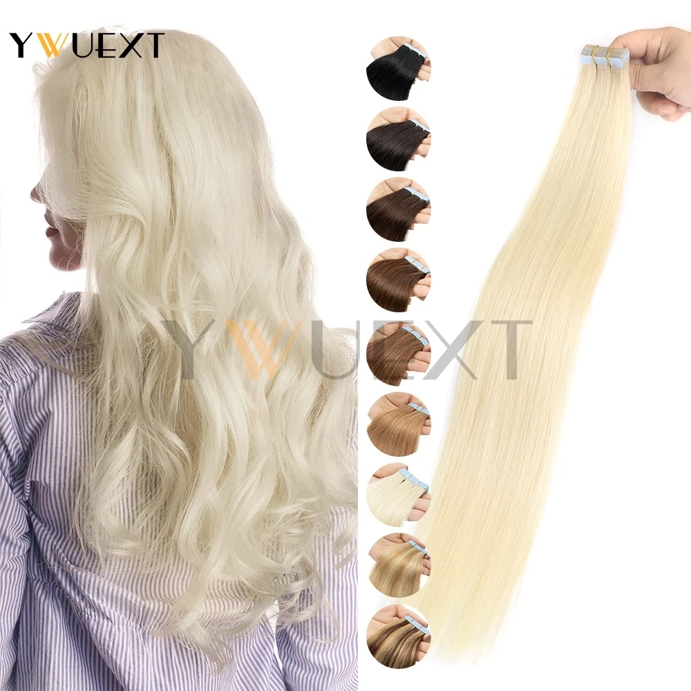 YWUEXT Blonde Tape In Human Hair Extensions 12-24 inch Seamless Invisible Tape Hair Brazilian Machine Remy Hair Nautral Straight