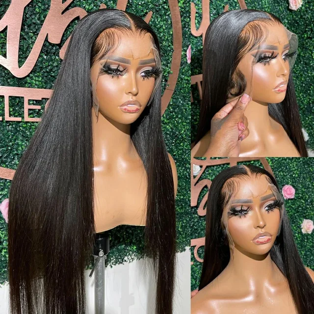 Black Straight 180% Density 13X6 HD Lace Front Wigs Synthetic Wig Preplucked Bleached Knots 180% Density Glueless Wig – Image 4