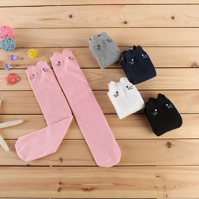 Chaussettes mignonnes pour enfants filles, chaussettes hautes en coton, chat de dessin animé, Tube Long, bas de princesse pour tout-petits de 3 à 12 ans