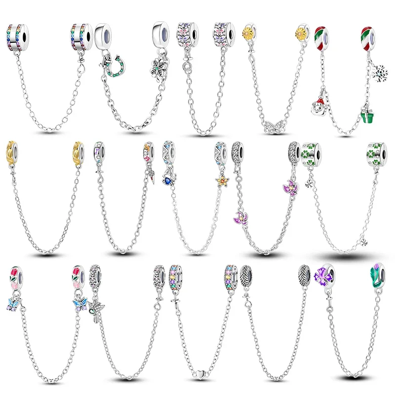 New 925 Sterling Silver Charms Buttefly Daisy Safety Chain Cat Paw Change Beads Fit  Original Bracelet Ladies DIY Jewelry