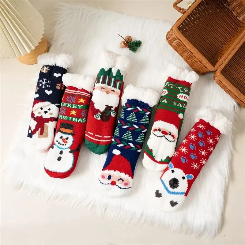 Chaussettes de noël pour enfants, dessin animé, pour garçons et filles, en coton épais, chaud, antidérapantes, thermiques, mignonnes, pour la famille, hiver
