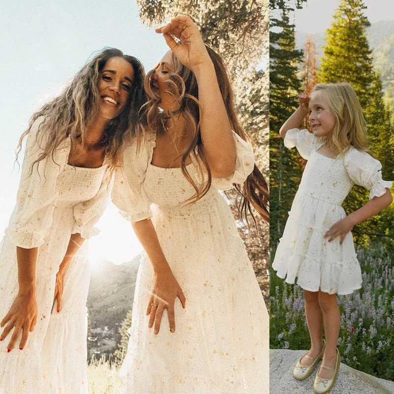 Robes assorties à manches courtes pour filles, tenues de famille, longues robes d'été pour enfants, blanc, or, étoile, femmes, élégantes, maman, moi, 2024