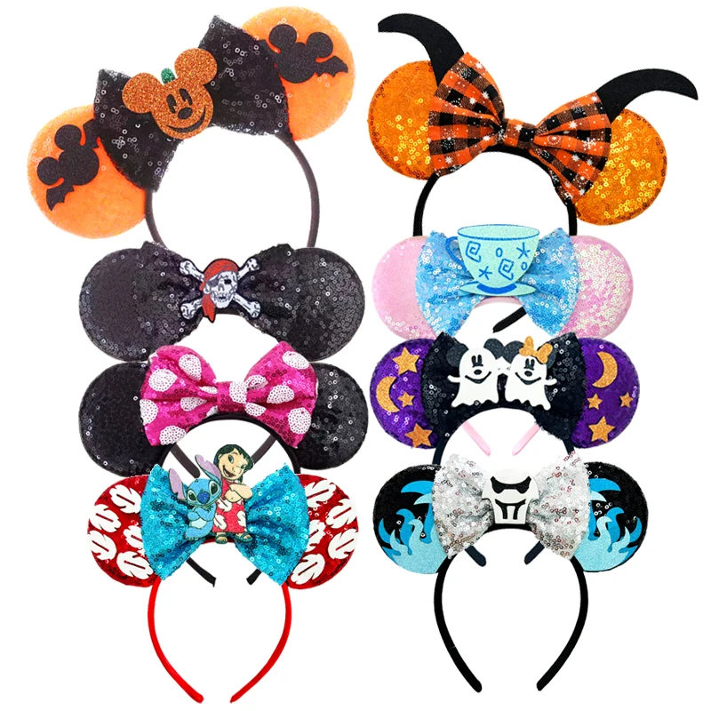 TureMouse-Bandes de sauna à oreilles pour femmes et enfants, accessoires pour cheveux d'Halloween, CAN o Stitch, bandeau à nœud à paillettes pour filles, nouveau