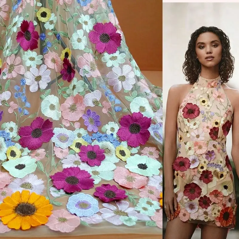 Tissu coloré en dentelle à fleurs 3D, bricolage pour robe de mariée de luxe, dernière dentelle brodée en maille douce flottante de tournesol tridimensionnelle