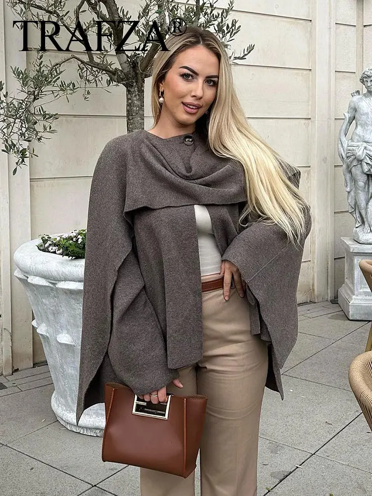 TRAFZA-Veste en Tricot à Écharpe Asymétrique pour Femme, Cardigan à Manches sulf, Couleur Unie, Bouton Unique, Fente Latérale, Automne