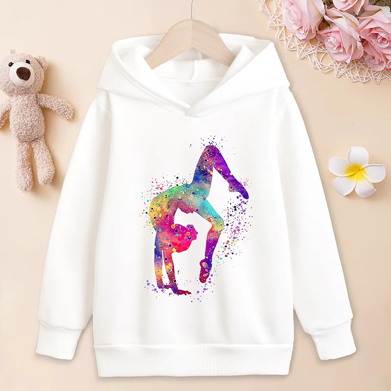 Sweat-shirt à capuche de gymnaste coloré pour filles, mode Kawaii, haut à manches longues, pull pour enfants
