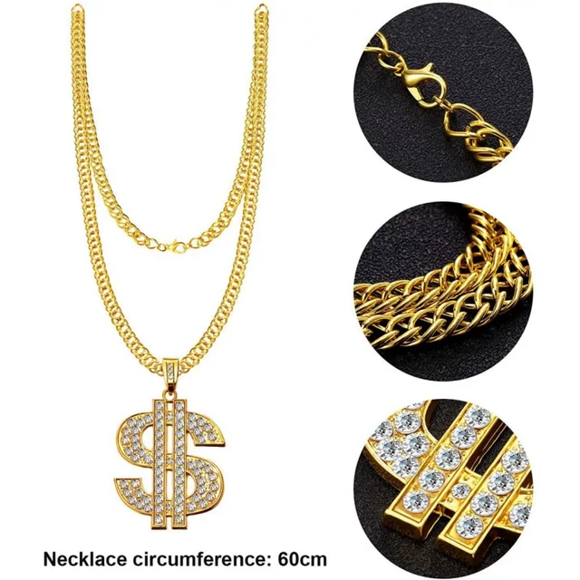 Fancy Cosplay Adult Costume Outfit Set Big Gold Chain Glasses Ring Hat Hip Hop Rapper Accessories  80s 90s Dress Up Costumes Set – Image 5