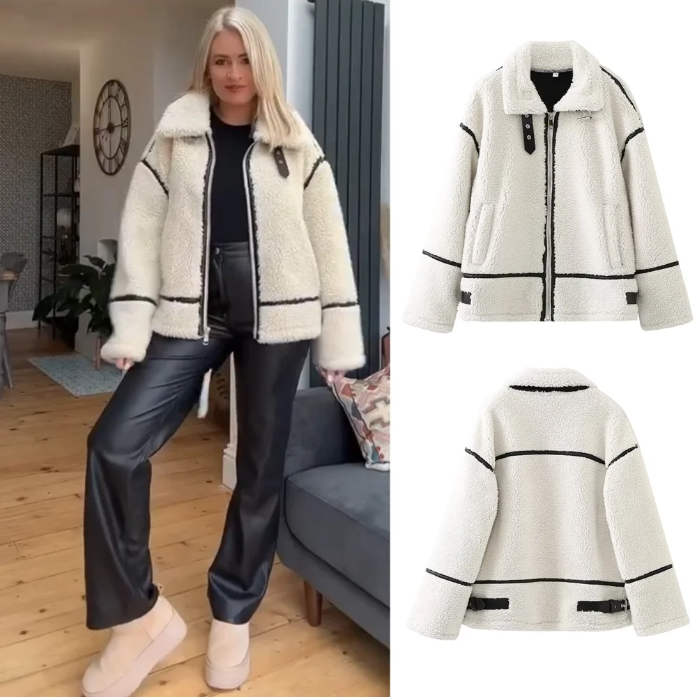 PB & ZA 2023 automne nouveaux vêtements pour femmes Style européen et américain décontracté fourrure une pièce laine d'agneau contraste couleur peluche veste chaude C