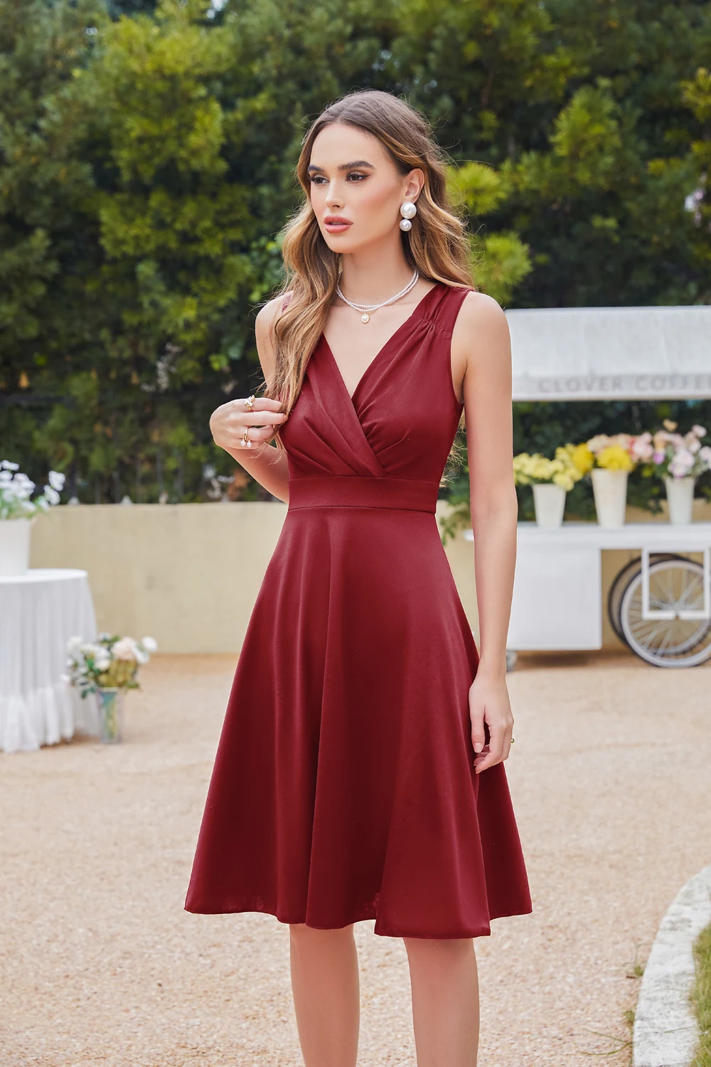 Robe de cocktail élégante à col en V, ligne A, buste Runched, fibre courte, soirée de mariage, Rh, tout ce qui est pour la mariée, robe d'été, robe éducative