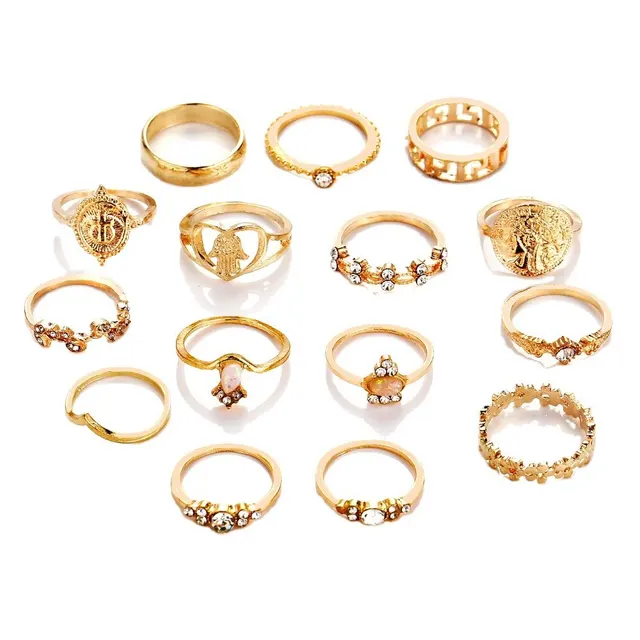 15 Retro Lady Jewelry Retro Gold-color Coins Cross Love Ring Europe And America Portrait Water Drill Ring Set Woman – Image 5
