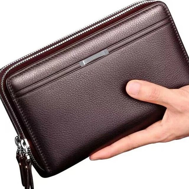 Grand sac à main d'affaires en cuir pour hommes, portefeuille long, argent, prépuce, téléphone portable, porte-cartes, cadeau pour père, fils, mari, B – Image 4