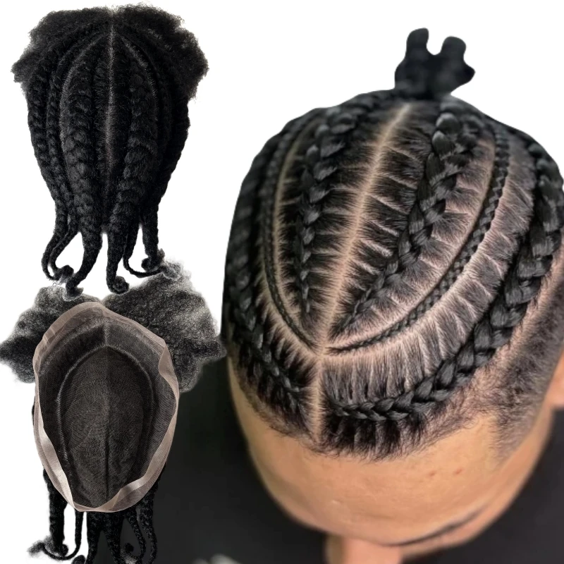 Toupet de cheveux humains vierges brésiliens pour hommes noirs, pièce de rechange, noir de jais, tresses afro Cornrow, unité de dentelle complète, 1 #
