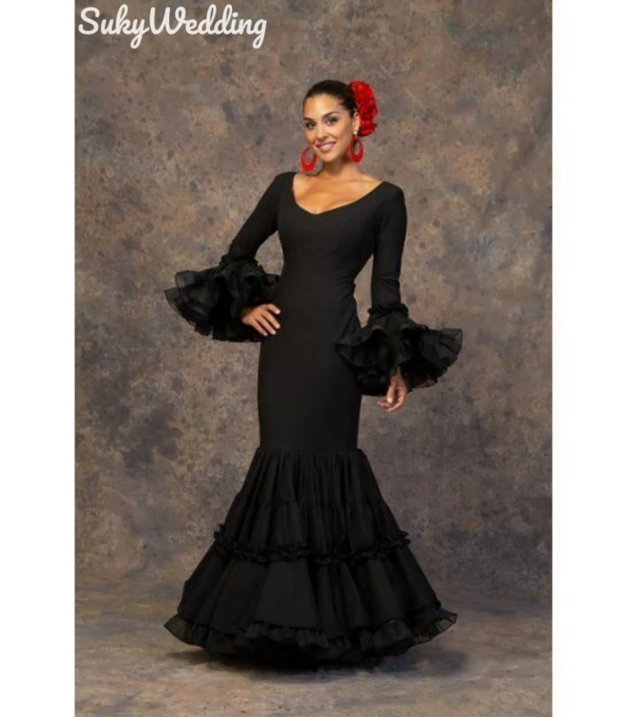 Robe de bal Flamenca rétro noire avec volants, tenue de soirée sirène de palais, trompette pour femmes, danseuse, dîner, Chic, personnalisée