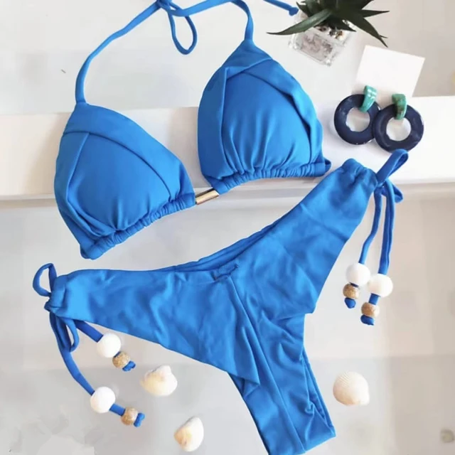 Maillot de bain Triangle Sexy pour femmes, bikini brésilien, col licou, Push Up, chaîne en métal, ensemble deux pièces de plage, nouvelle collection 2023 – Image 4