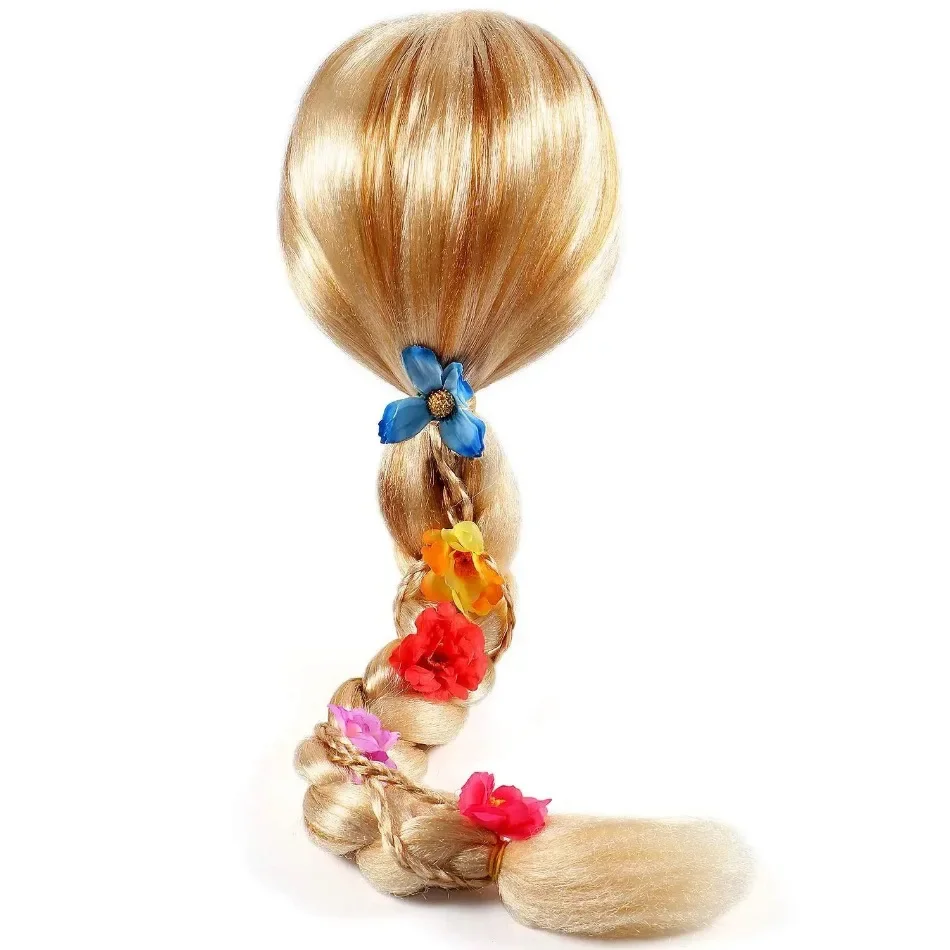 Enfants princesse Cosplay perruque filles raiponce habiller fleurs longue tresse perruque emmêlée gros cheveux tresse perruques raiponce accessoire