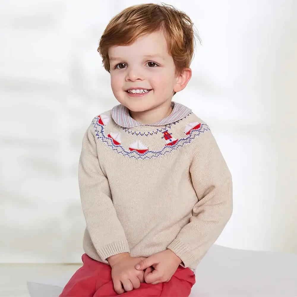 Chandails en tricot pour bébés garçons, pulls pour enfants, pull tricoté avec voilier brodé, vêtements pour enfants, hauts d'hiver, tricot pour enfants