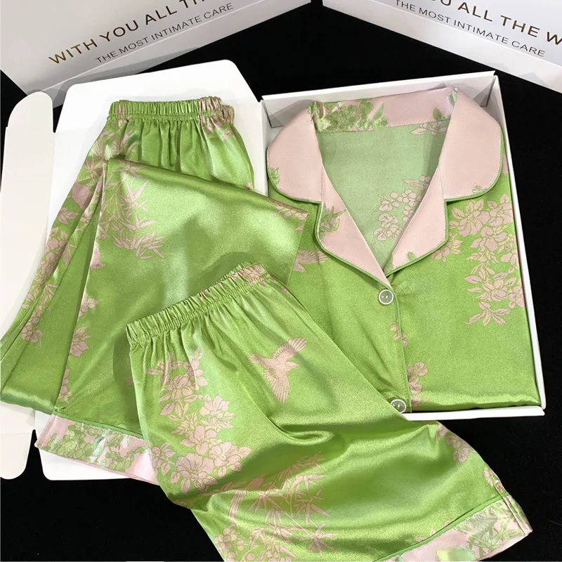 Spring and Summer New Ladies Ice Silk Three-Piece Pajamas Homewear Light Luxury High-Grade Plant Printing Pajamas Short-Sleeved