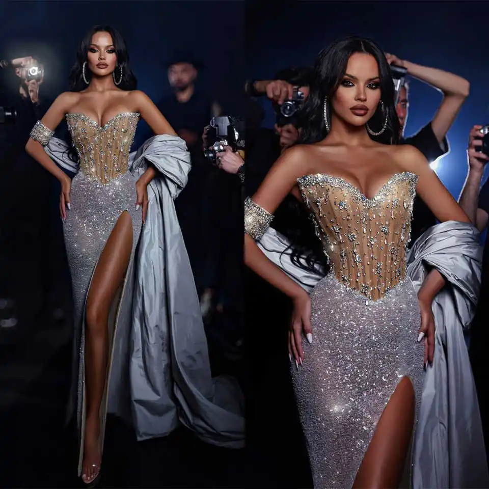 Robe de Bal Sirène Sans Bretelles à Paillettes pour Femme, Tenue de Soirée Sexy à Fente Haute en Clip, Personnalisée