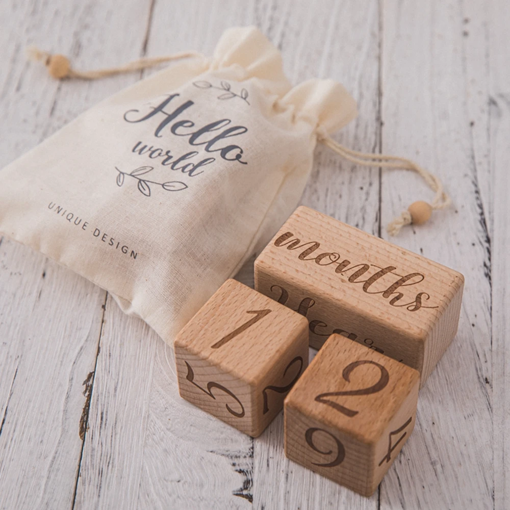 Carte en Bois Brut Gravé Carré de Nuit de Hêtre pour Bébé, Accessoires de Photographie pour Anniversaire de Nouveau-né, 3 Pièces/Ensemble