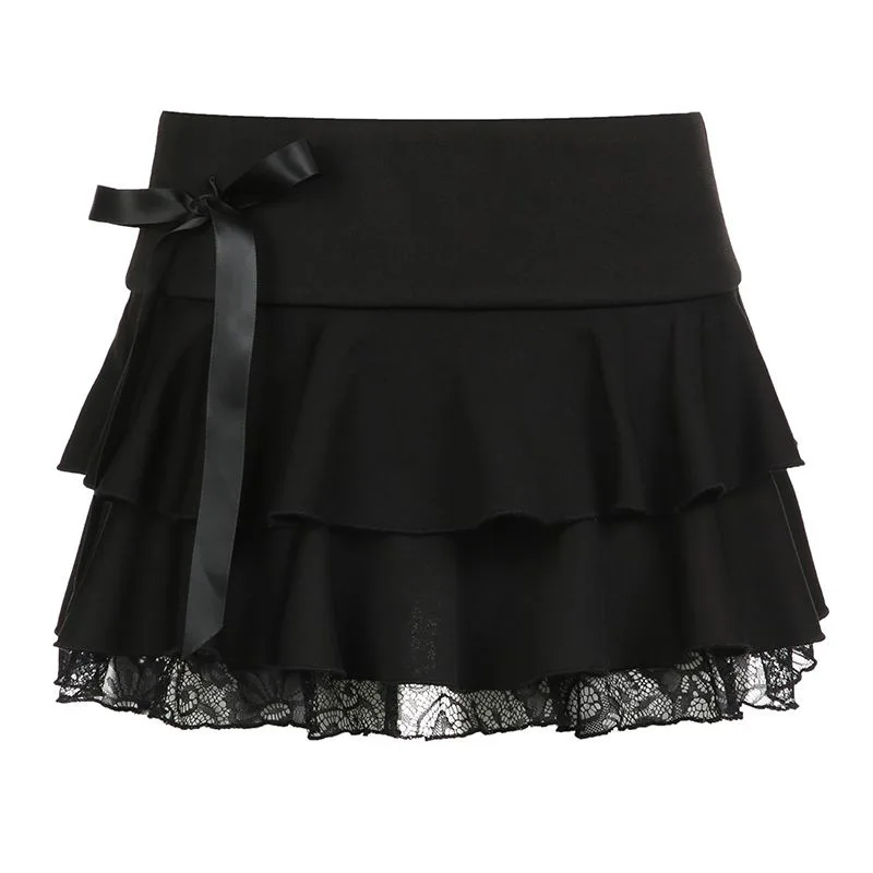 Goth Y2K – Mini jupe trapèze en dentelle noire pour femmes, Streetwear coréen