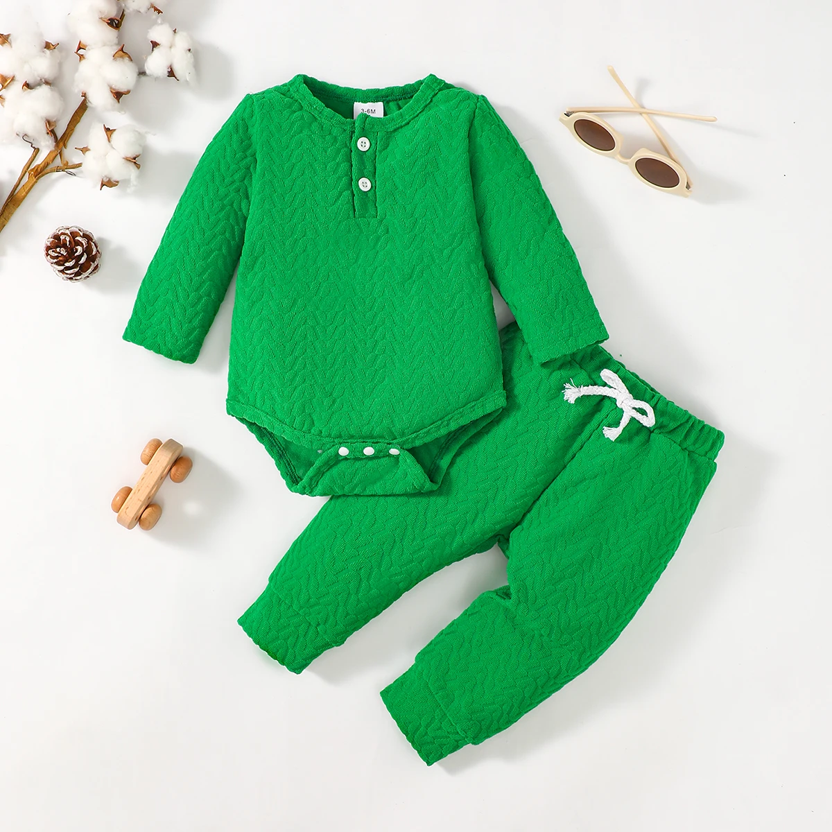 Ensemble barboteuse et pantalon pour bébé garçon de 0 à 18 ans, serviette tricotée en diamant vert, manches longues, cordon de serrage