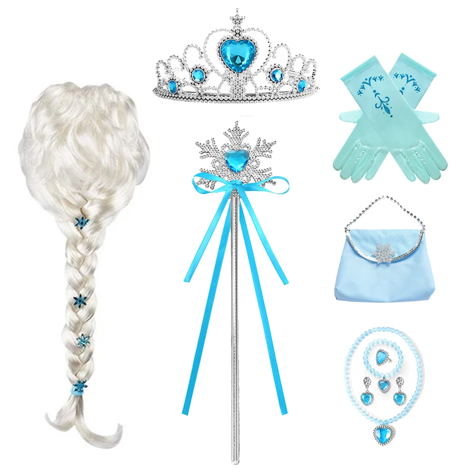 Accessoires de Cosplay princesse Elsa, gants, baguette, couronne, ensemble de bijoux, perruque tressée pour reine des neiges, robe de princesse, vêtements Cosplay