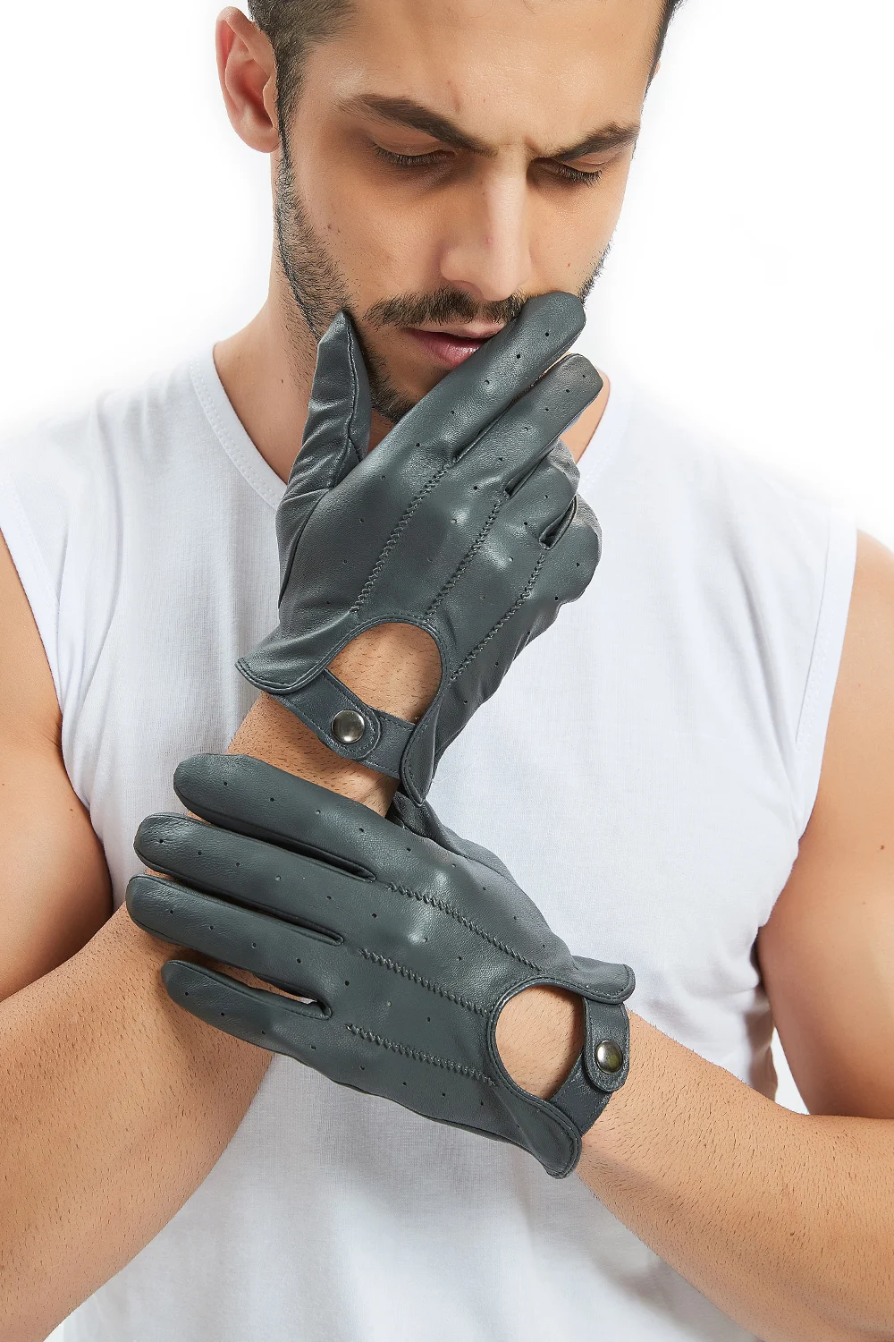 Gants de conduite courts en cuir pour hommes, pièces complètes non doublées, gris