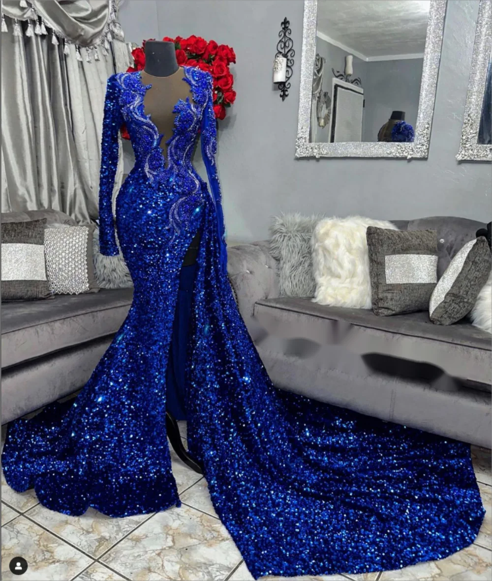 Robe de Rhsirène à manches longues pour femmes africaines, bleu royal scintillant, robe de Rhde mariage de luxe, 2023