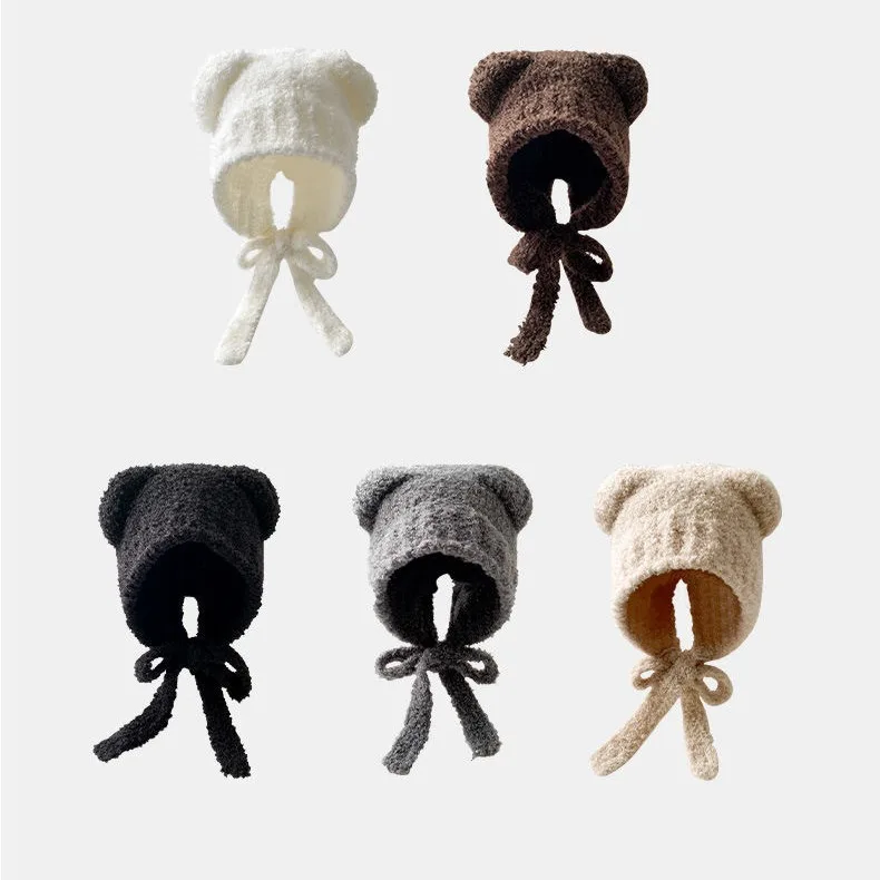 Bonnets en peluche d'hiver mignon ours oreille laine chapeau chaud à lacets Protection des oreilles tricoté Bomber casquette Bonnets tricot corée femmes Gorros
