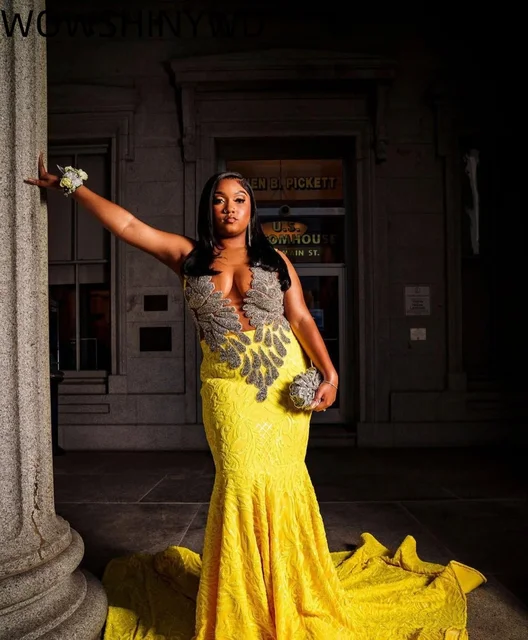 Personnalisé 2025 jaune sirène robes de bal cristaux col transparent paillettes soirée formelle fête d'anniversaire robes robes ZJ217 – Image 4