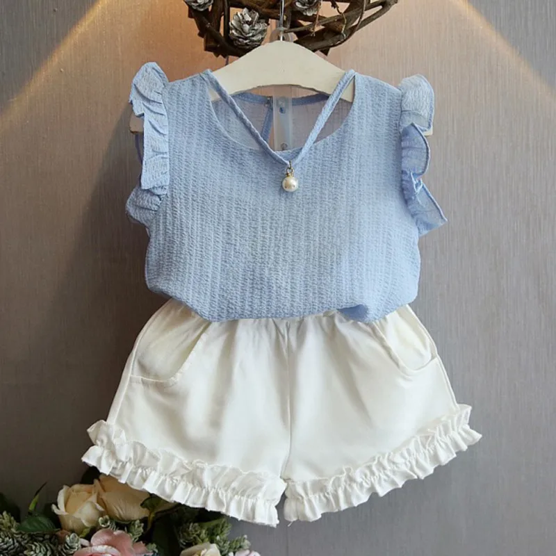 Ensemble T-Shirt + short en mousseline de soie pour filles, haut sans manches avec perles, short solide, vêtements élégants et mignons pour enfants de 3 à 8 ans, été