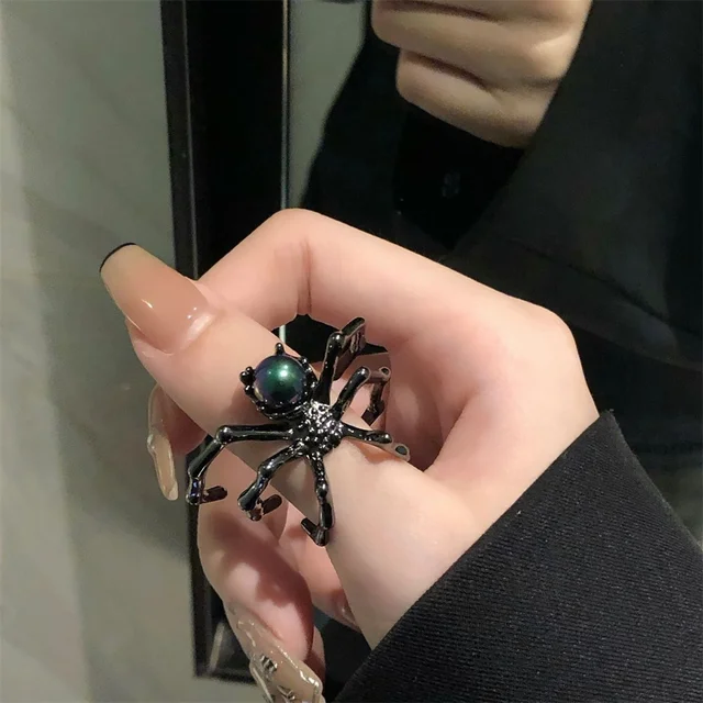 Bague ouverte Punk araignée foncée, pierre de lune rétro noire pour femmes, nouveaux bijoux gothiques, livraison directe, cadeau en gros – Image 5