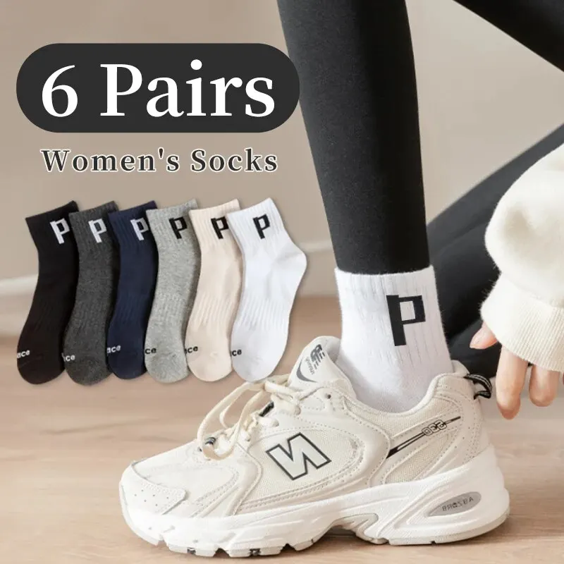 6 paires de femmes et hommes unisexe printemps/été quatre saisons lettre P Simple mode tendance sport chaussettes confortables