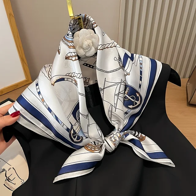 Grande écharpe carrée de luxe à imprimé nautique, fine, respirante et soyeuse, foulard de protection solaire de Style glamour – Image 2