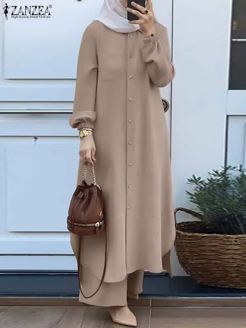 ZANZEA-Ensemble 2 Pièces pour Femme Musulmane, Chemise à Manches sulfet Pantalon, Décontracté, Dubaï, Turquie, Abaya, Tenues Eid Mubarek, Printemps – Image 2