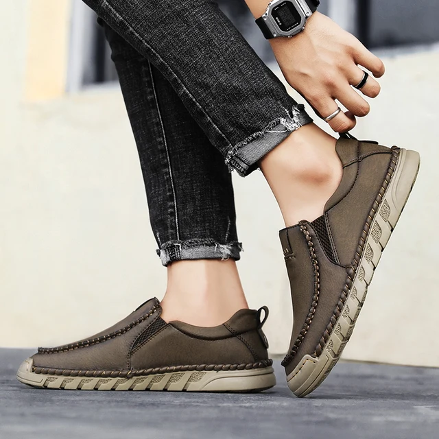 Mocassins plats en cuir fendu faits à la main pour hommes, chaussures décontractées, baskets confortables, qualité, nouveau, taille 46 – Image 4