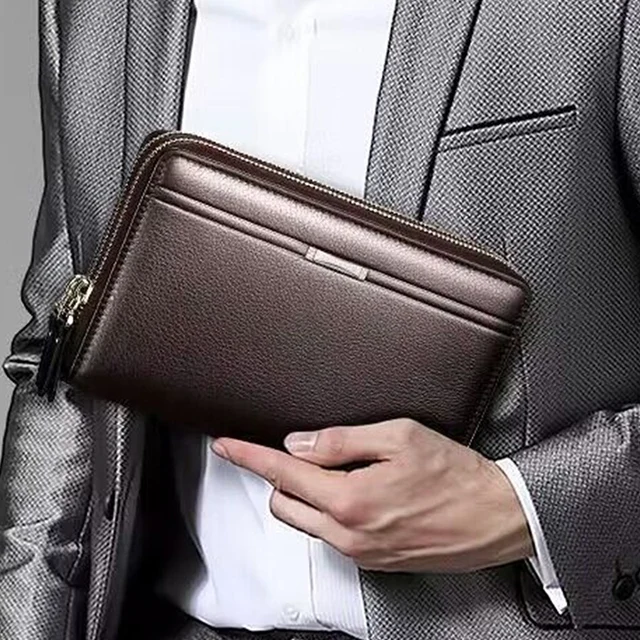 Grand sac à main d'affaires en cuir pour hommes, portefeuille long, argent, prépuce, téléphone portable, porte-cartes, cadeau pour père, fils, mari, B – Image 6