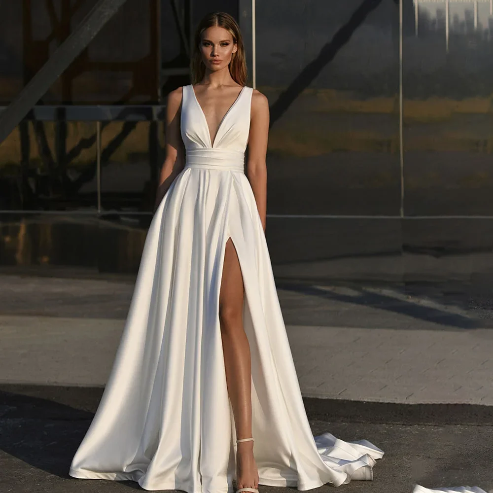 Boho robes De mariée robe fendue sans manches col en v Vestido De Noiva robe De mariée élégante dos ouvert-corset court train