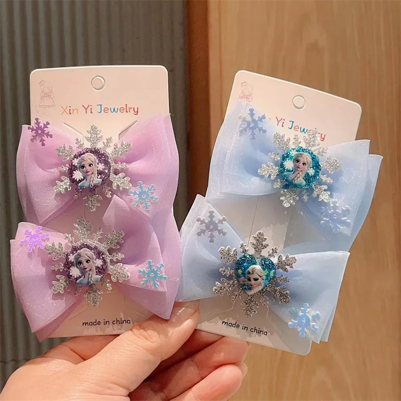 Pinces à cheveux Elsa pour petites filles, 2 pièces, pinces à cheveux princesse avec nœud, cadeau de fête pour bébé fille