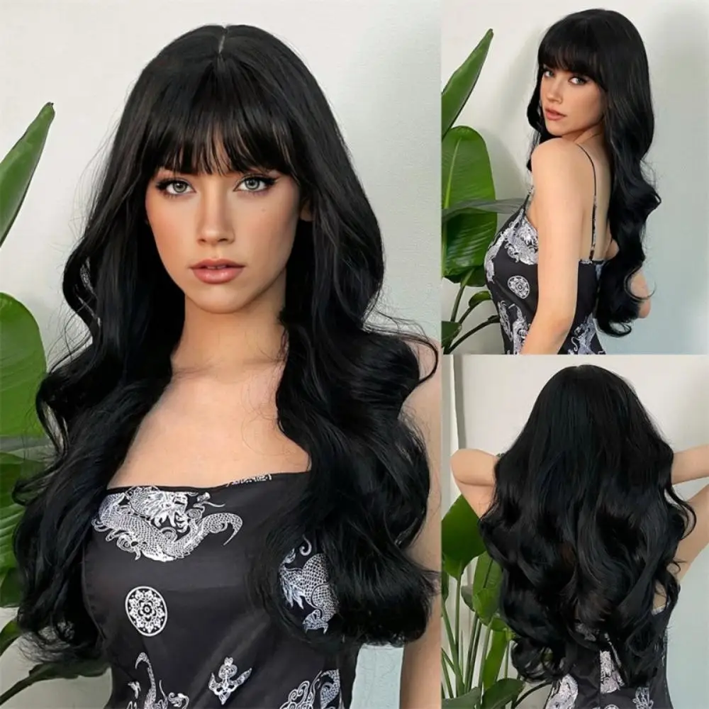 Wig Popular Black Long Curly Wavy Lolita Wig With Bangs Synthetic Wig For Women Fashion Thick Curly Head Cover For Girls