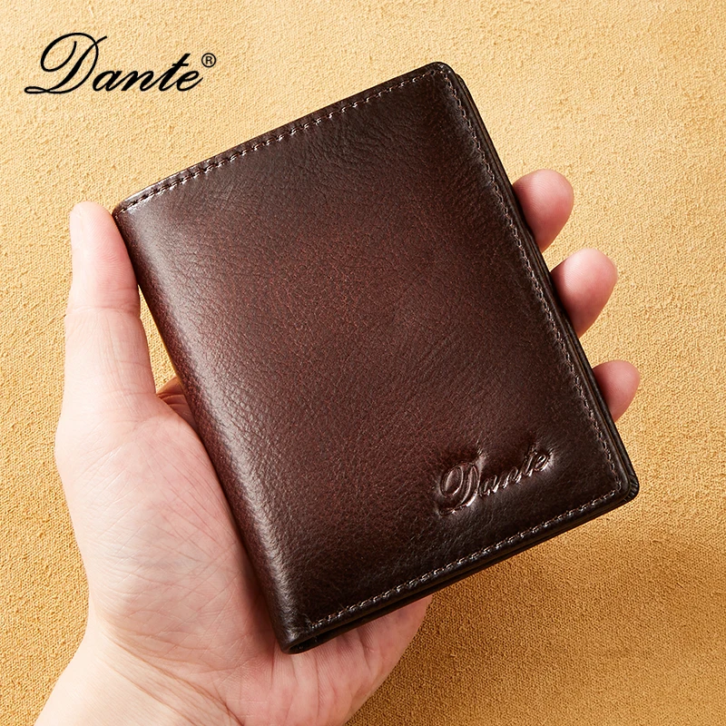 Dante RFID-Portefeuilles en cuir anti-vol pour hommes, cuir de vachette rétro, couche de tête, sac d'argent vertical ultra-mince décontracté, pinces à billets