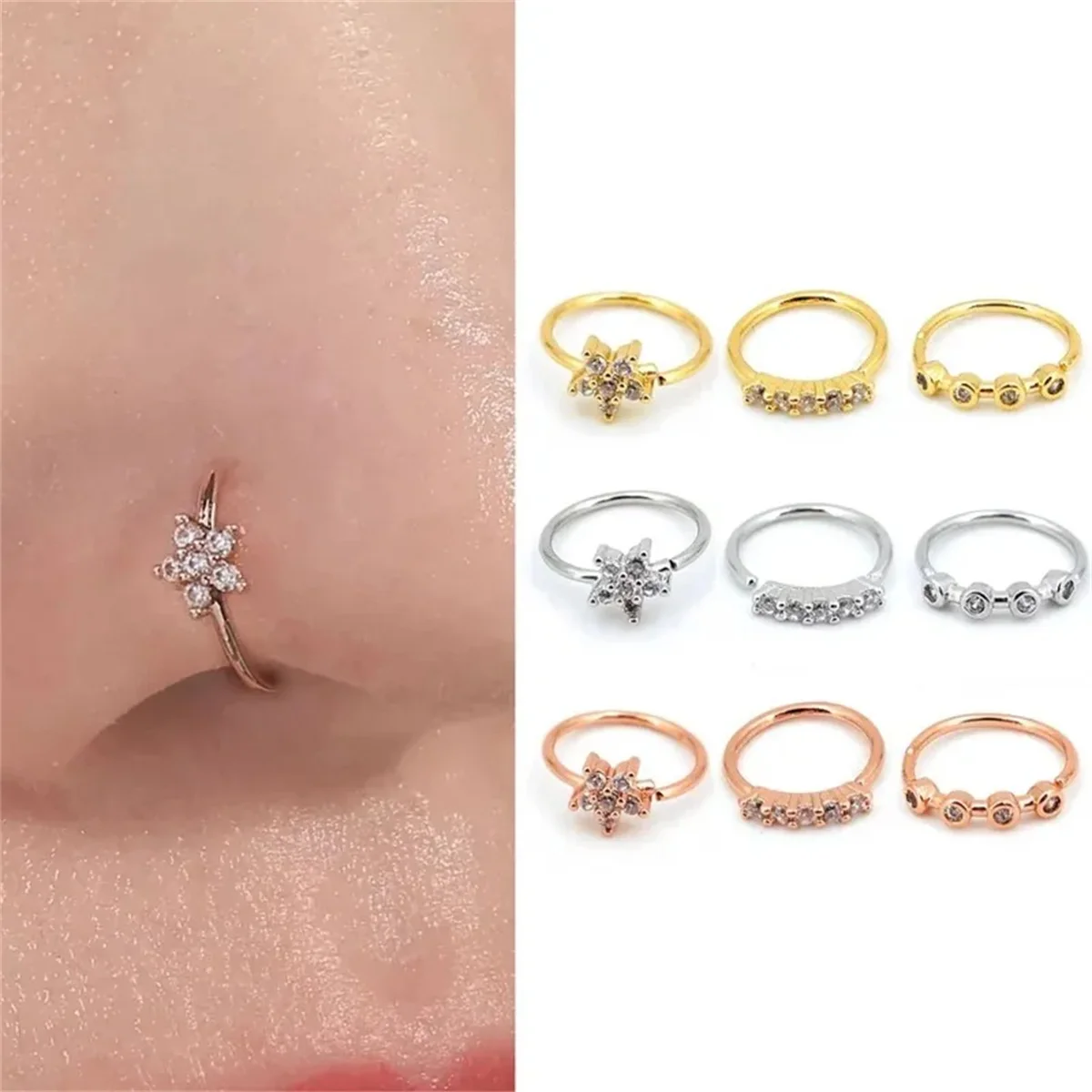 Anneaux de nez en Zircon pour narine, anneau de cerceau de fleur réglable, Tragus, oreille, Cartilage, boucle d'oreille, hypoallergénique, bijoux de perçage du nez, 3 pièces