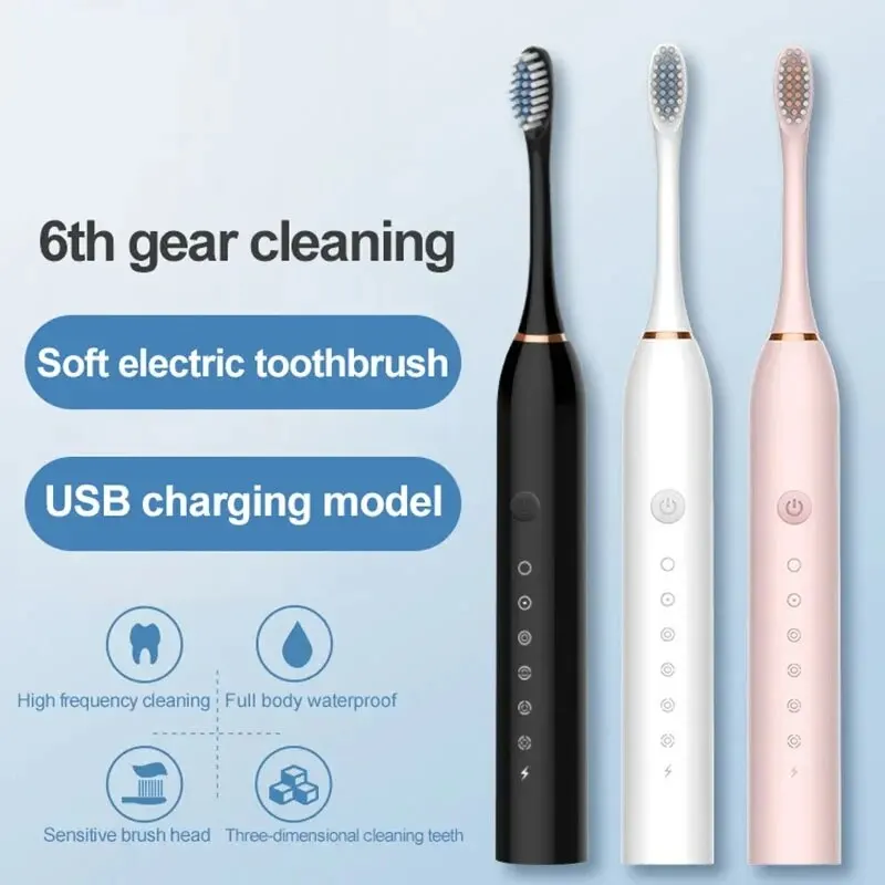 Brosse à dents électrique à ultrasons pour adultes, nettoyeur de dents étanche, ensemble automatique pour couple, mode 6 vitesses, chargement USB, cheveux doux à la maison